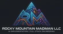 Digital illustration of a high-tech engineering workspace featuring a monitor displaying 'AI CORE' metrics and data visualization charts against a backdrop of stylized blue mountain peaks. The desk surface features glowing circuit board lines, and large white text overlays the bottom reading: 'ROCKY MOUNTAIN MADMAN LLC: INTELLIGENT ENGINEERING SOLUTIONS'.