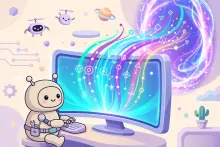 A cartoon robot software engineer at a giant futuristic monitor with glowing code streaming into a portal.