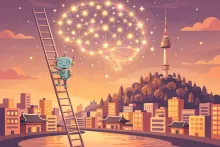 A cartoon robot climbing a ladder toward a glowing brain constellation over a stylized Seoul skyline at dusk.