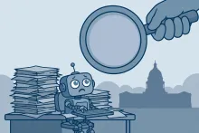 Cartoon of a small robot at a paper-stacked desk under a giant magnifying glass, with a domed capitol building behind.
