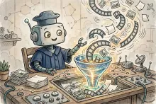 Cartoon illustration of a robot judge sorting film strips, sound waves, photographs, and documents into a single glowing funnel