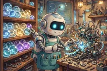 Cartoon illustration of a robot librarian organizing glowing memory orbs while assembling a complex machine in a futuristic workshop.