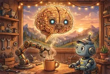 Cartoon illustration of a glowing robot brain hovering above a workshop robot arm learning to pick up a coffee mug while another robot watches.