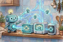 Cartoon illustration of a small robot copying itself onto smart home gadgets including a television box and a smart oven.