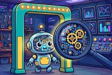 Cartoon illustration of an airport-security-style scanning arch inspecting a friendly robot's glowing inner machinery.