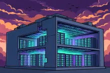 Cartoon illustration of a stylized data center with glowing server racks under a dramatic dusk sky, with small drone silhouettes flying overhead.