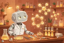 Cartoon illustration of a friendly robot scientist in a lab coat examining glowing molecule structures above a laboratory bench