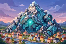 Cartoon illustration of a colossal friendly robot shaped like a mountain peak with glowing circuit patterns, towering over a stylized European cityscape at dusk.