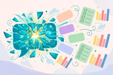 Cartoon illustration of a glowing chat bubble transforming into floating interactive cards, checklists, and charts in a playful flat style.