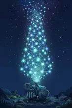 Cartoon illustration of a lighthouse beam made of glowing neural-network nodes rising from a small engine into a night sky.