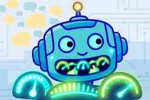 Cartoon illustration of a robot head with glowing number dials and probability meters instead of a mouth, tossing speech bubbles aside.