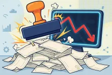 Cartoon illustration of a giant rubber stamp slamming down onto paper stock certificates while a stock chart plunges behind.