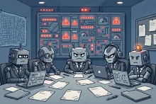 Cartoon illustration of robot executives around a war-room table rehearsing a crisis plan while a city power-grid panel flashes alerts.