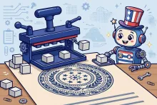 Cartoon illustration of a giant government rubber stamp swapping letter blocks on an official seal while a patriotic cartoon robot looks on.