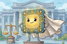 Cartoon illustration of a giant computer chip wearing an official document as a cape before a grand government building with balance scales.