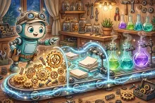Cartoon illustration of a robot engineer guiding a glowing multi-step assembly line of gears, documents and laboratory flasks through a workshop.