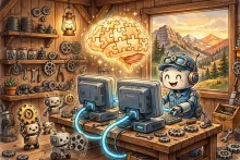 Cartoon robot engineer linking two desktop computers beneath a glowing puzzle-piece brain in a mountain workshop