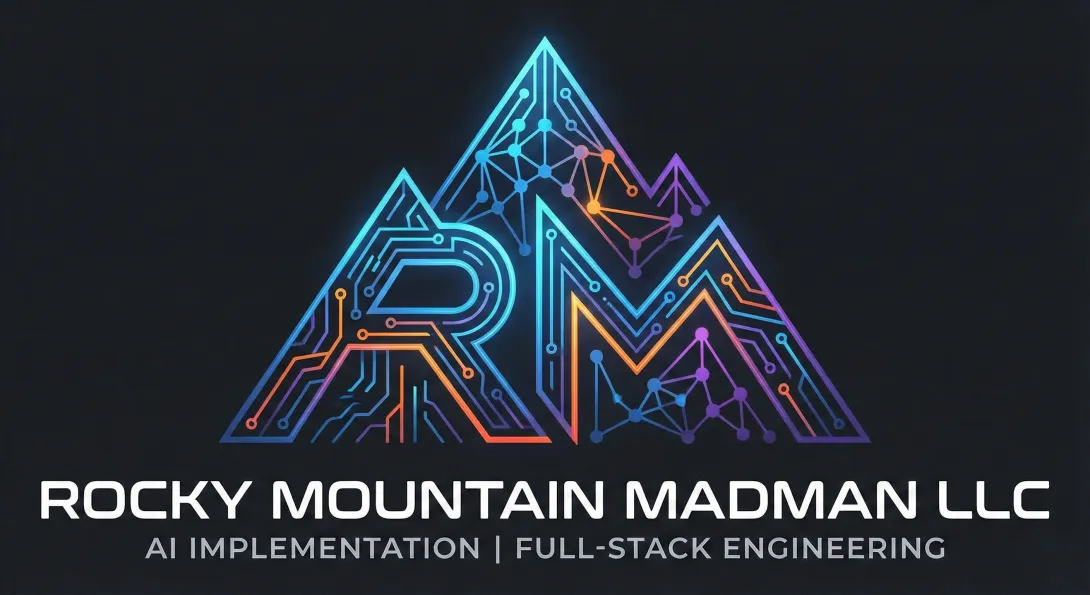 Digital illustration of a high-tech engineering workspace featuring a monitor displaying 'AI CORE' metrics and data visualization charts against a backdrop of stylized blue mountain peaks. The desk surface features glowing circuit board lines, and large white text overlays the bottom reading: 'ROCKY MOUNTAIN MADMAN LLC: INTELLIGENT ENGINEERING SOLUTIONS'.