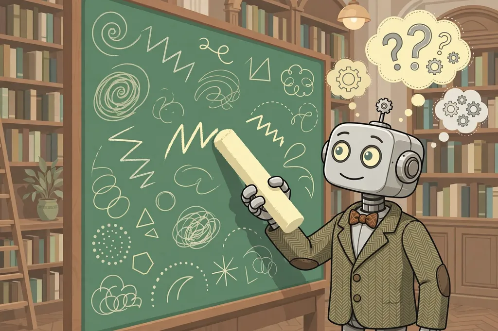 A cartoon robot mathematician writing abstract shapes on a giant chalkboard in an academic library.