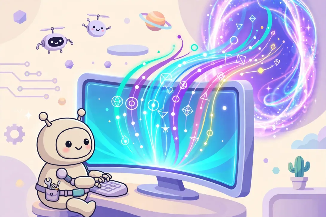 A cartoon robot software engineer at a giant futuristic monitor with glowing code streaming into a portal.
