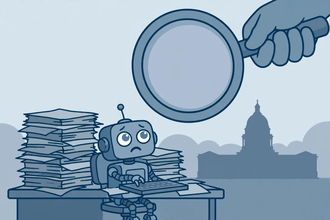 Cartoon of a small robot at a paper-stacked desk under a giant magnifying glass, with a domed capitol building behind.