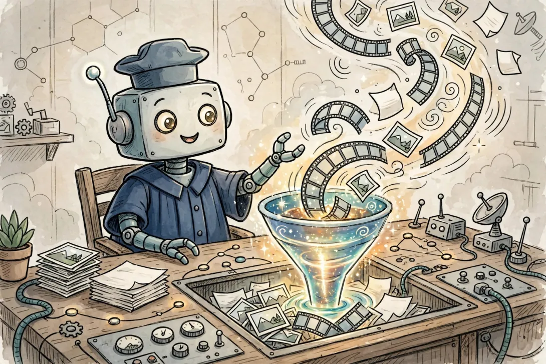 Cartoon illustration of a robot judge sorting film strips, sound waves, photographs, and documents into a single glowing funnel