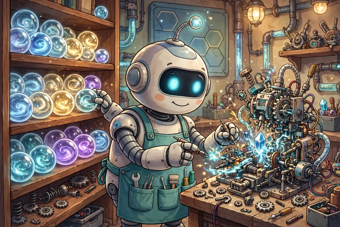 Cartoon illustration of a robot librarian organizing glowing memory orbs while assembling a complex machine in a futuristic workshop.
