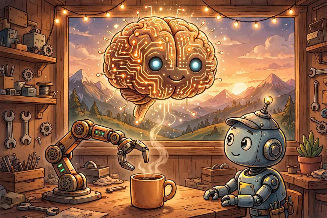 Cartoon illustration of a glowing robot brain hovering above a workshop robot arm learning to pick up a coffee mug while another robot watches.