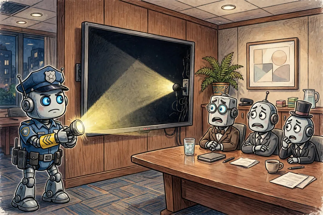 Cartoon illustration of a robot security guard shining a flashlight on a tiny hidden microphone behind a television in a boardroom.
