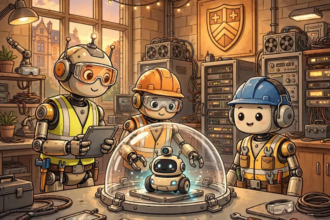 Cartoon illustration of robot safety engineers testing a small autonomous robot inside a clear protective dome in a university laboratory.