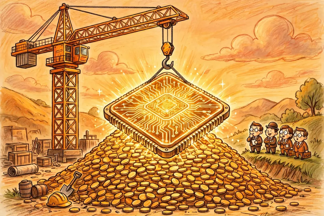 Cartoon illustration of a construction crane hoisting a giant glowing computer chip above a mountain of gold coins while small cartoon bankers look on.
