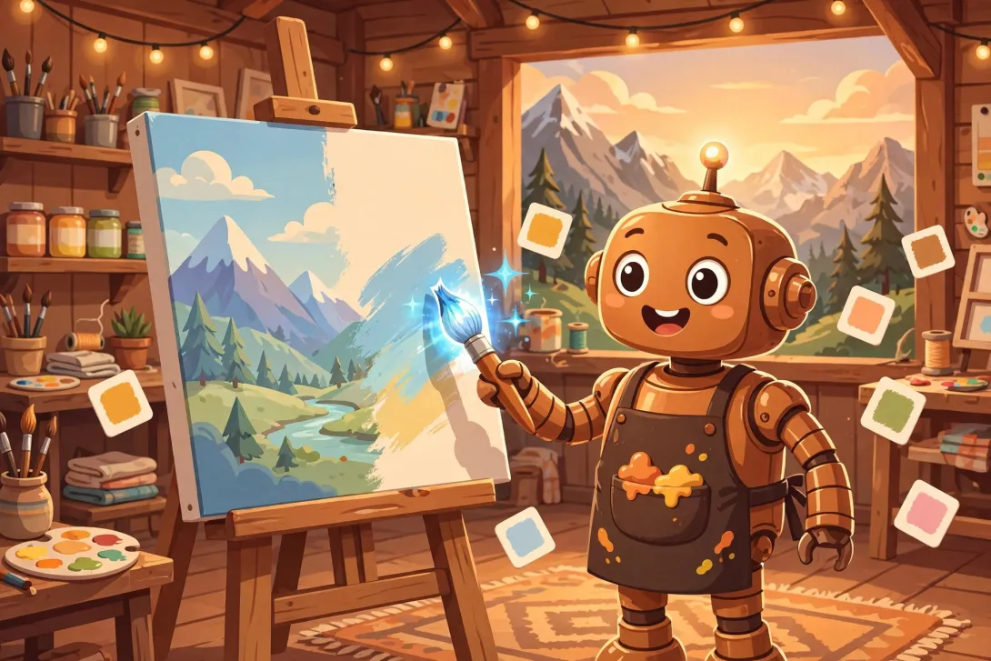 A cartoon robot artist touching up a large landscape painting at an easel with a glowing digital brush, with paint-swatch thumbnails floating nearby.