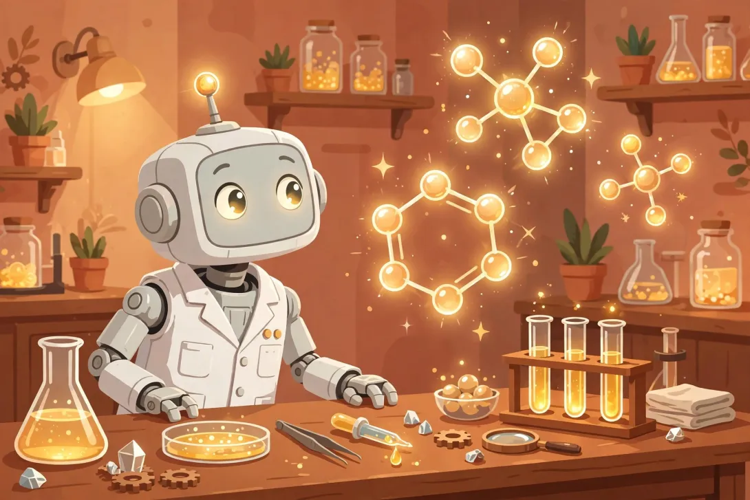 Cartoon illustration of a friendly robot scientist in a lab coat examining glowing molecule structures above a laboratory bench