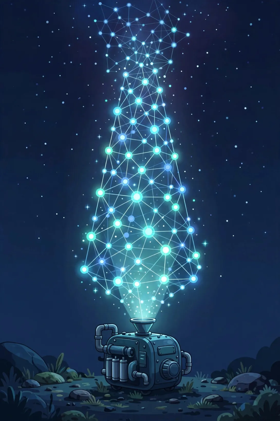Cartoon illustration of a lighthouse beam made of glowing neural-network nodes rising from a small engine into a night sky.