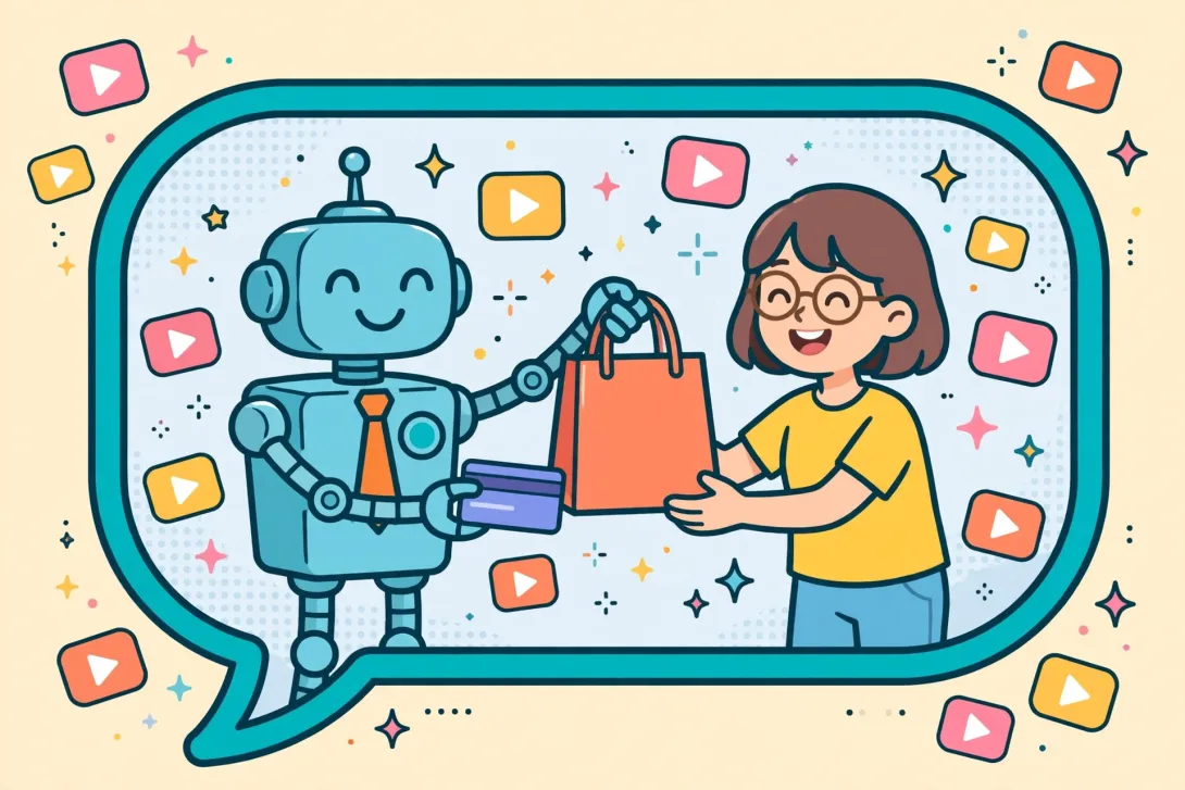 Cartoon illustration of a robot salesperson handing a shopping bag and a credit card to a customer inside a chat bubble with floating video play buttons.