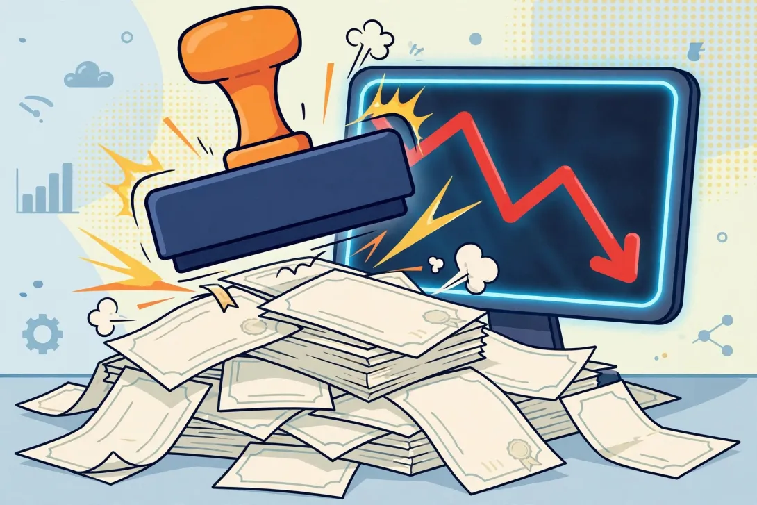 Cartoon illustration of a giant rubber stamp slamming down onto paper stock certificates while a stock chart plunges behind.
