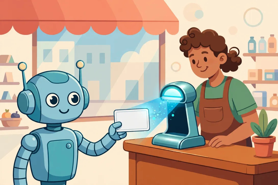 Cartoon illustration of a robot agent presenting a passport-style ID card to a shopkeeper at a storefront checkout while a scanner glows.