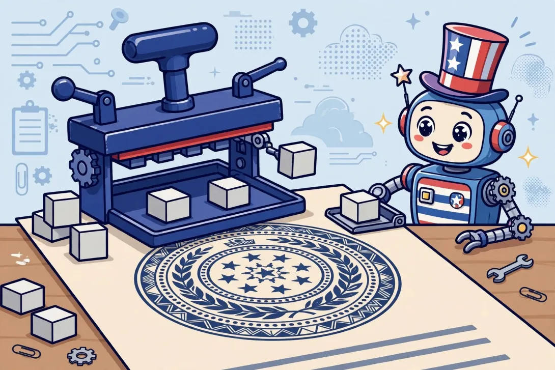 Cartoon illustration of a giant government rubber stamp swapping letter blocks on an official seal while a patriotic cartoon robot looks on.