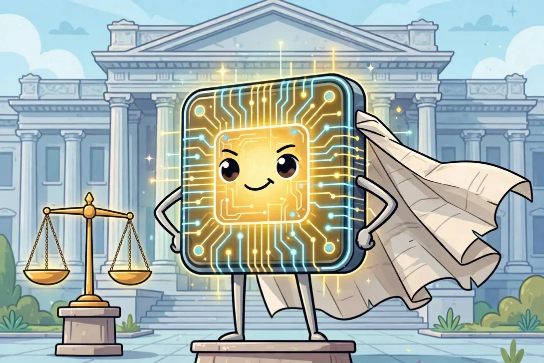 Cartoon illustration of a giant computer chip wearing an official document as a cape before a grand government building with balance scales.