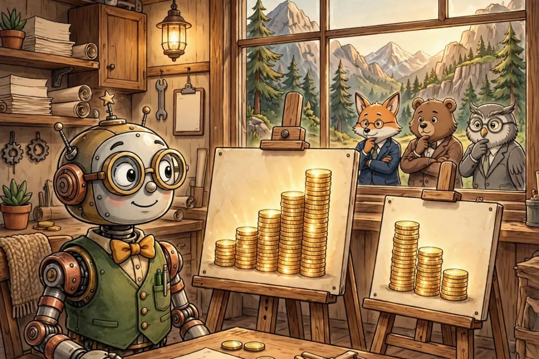 A cartoon robot accountant presents easels of stacked gold coins as a chart to animal investors in a mountain workshop.